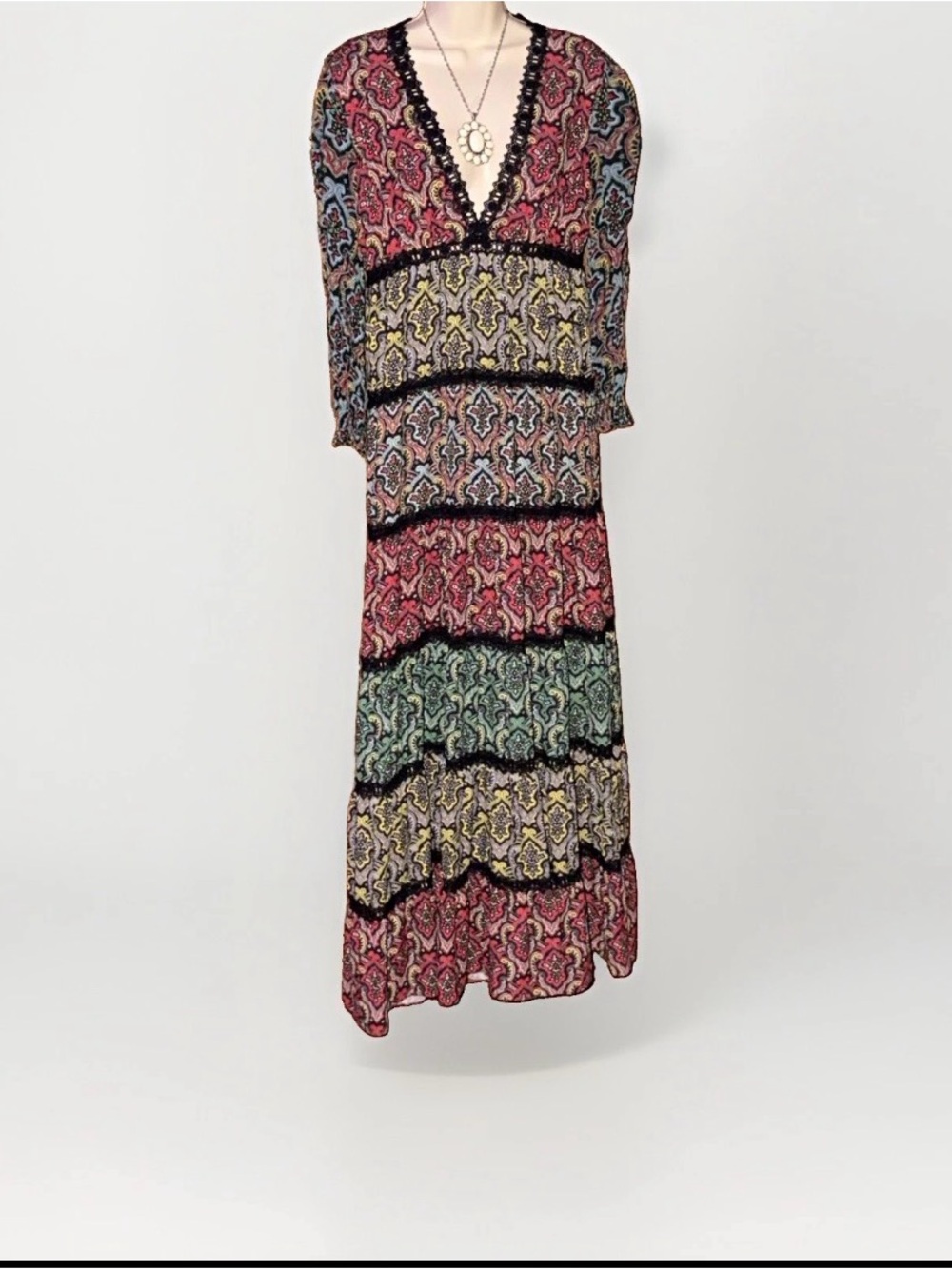 Alice + Olivia Multicolor Paisley V-Neck Tiered Maxi Dress with Black Trim